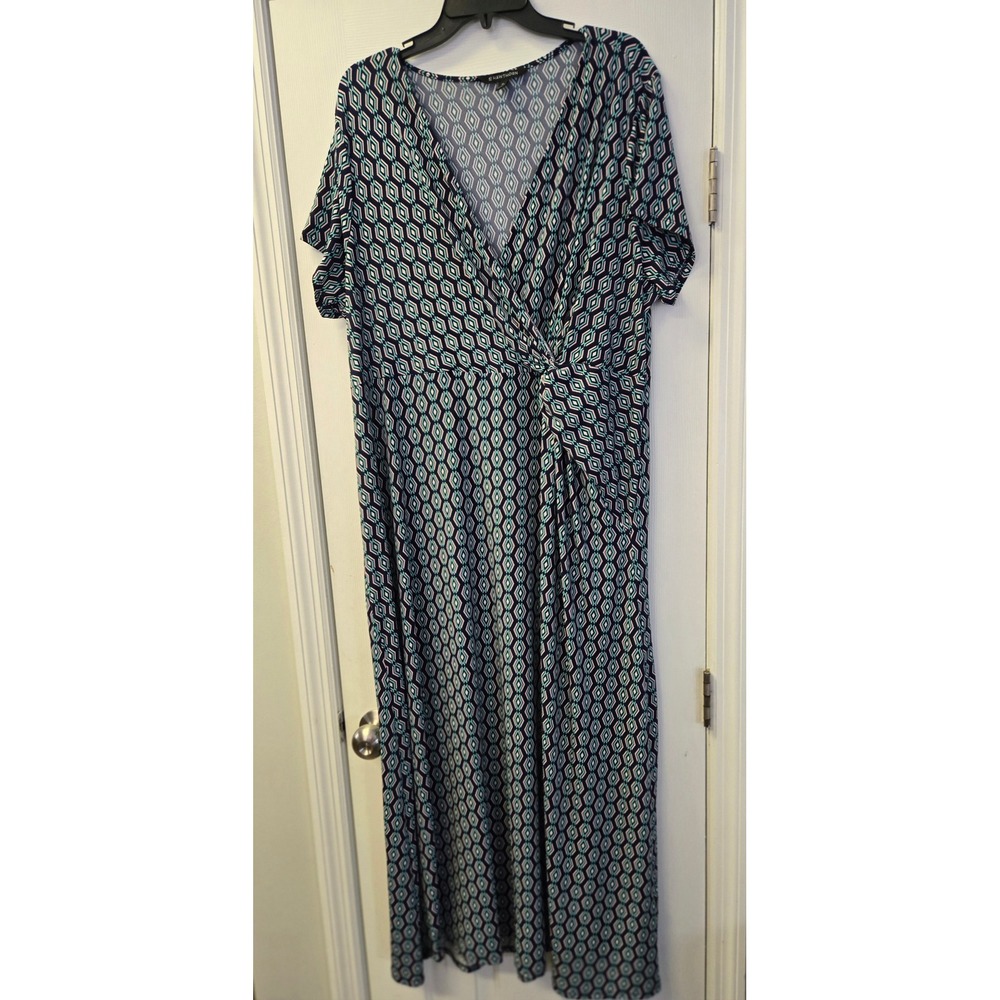 41 Hawthorn Blue Geometric Diamond Faux Wrap Maxi Dress Boho Summer Plus Size 3X